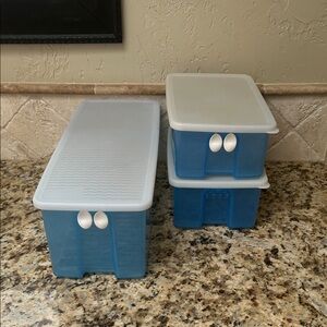 Three Blue Refrigerator Vegetable Storage Containers with Lids